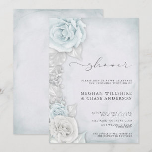 Elegant Silver Blue Roses Wedding Shower Invitation