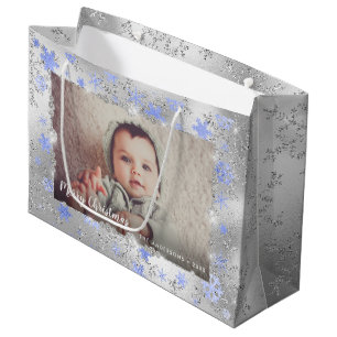 Elegant silver blue snowflakes custom photo large gift bag