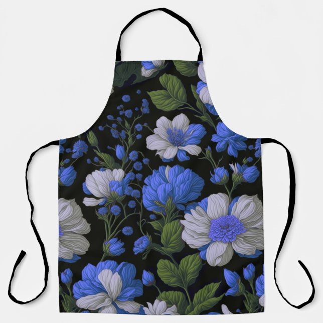 Elegant silver blue white elegant retro florals apron (Front)