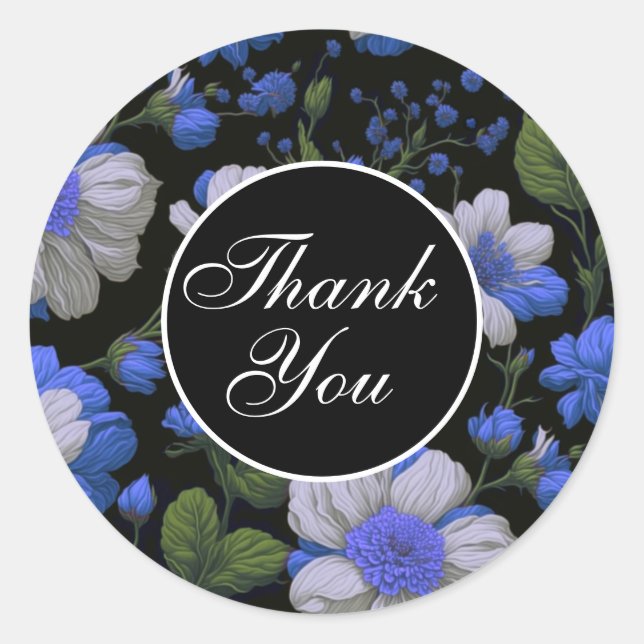 Elegant silver blue white elegant retro florals classic round sticker (Front)