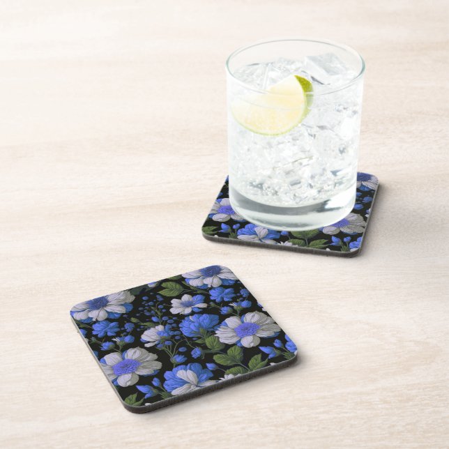 Elegant silver blue white elegant retro florals coaster (Right Side)