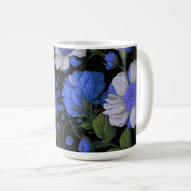 Elegant silver blue white elegant retro florals coffee mug (Front Right)