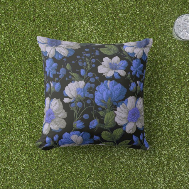 Elegant silver blue white elegant retro florals cushion (Grass)