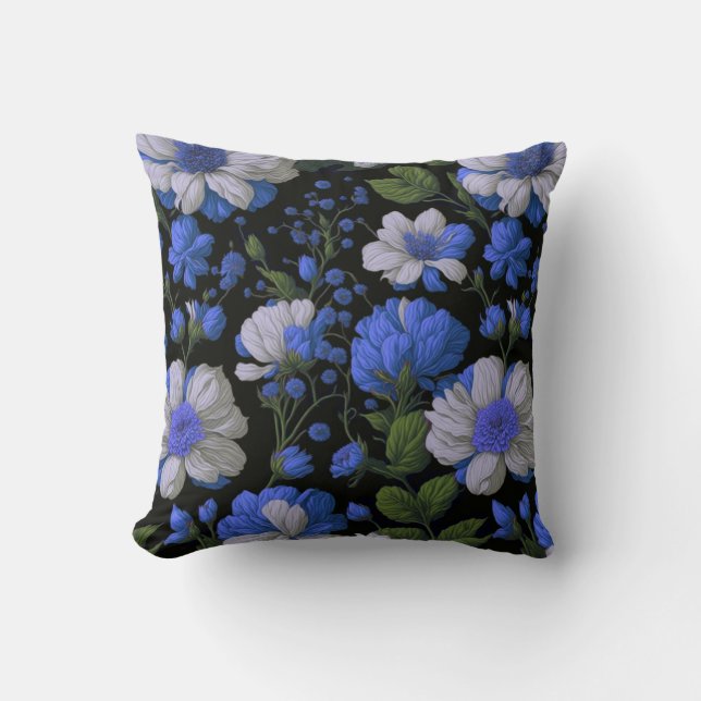 Elegant silver blue white elegant retro florals cushion (Front)