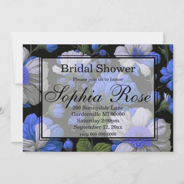 Elegant silver blue white elegant retro florals invitation (Front)