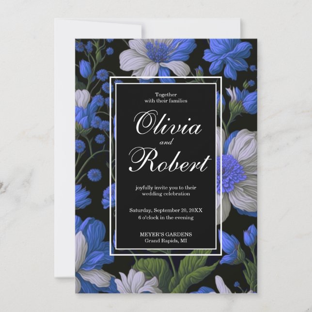 Elegant silver blue white elegant retro florals invitation (Front)