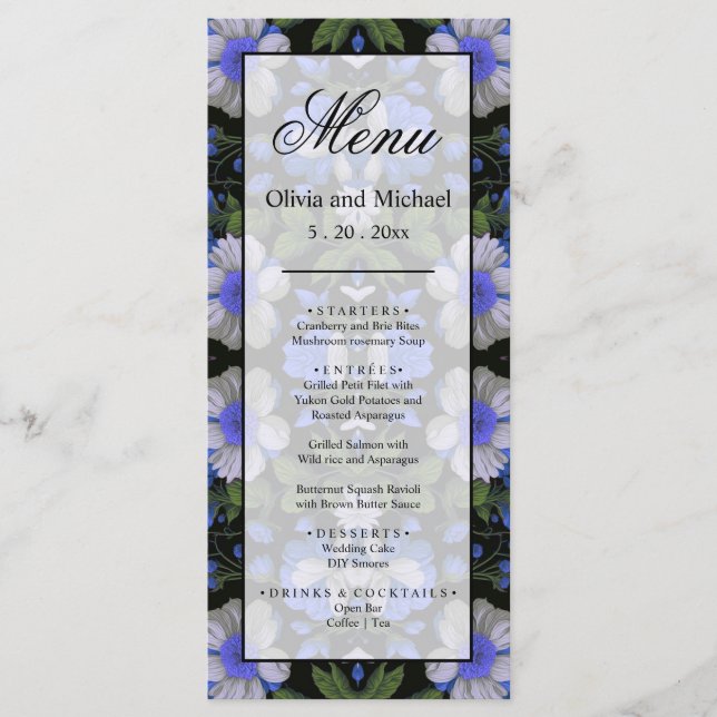 Elegant silver blue white elegant retro florals  menu (Front)
