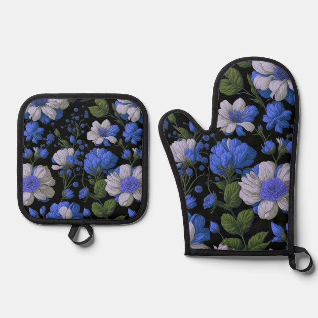 Elegant silver blue white elegant retro florals oven mitt & pot holder set (Front)
