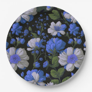 Elegant silver blue white elegant retro florals paper plate