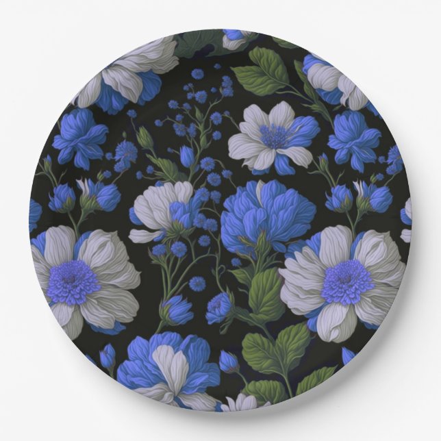 Elegant silver blue white elegant retro florals paper plate (Front)