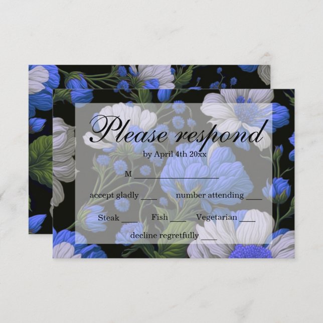 Elegant silver blue white elegant retro florals RSVP card (Front/Back)