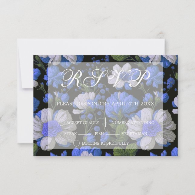Elegant silver blue white elegant retro florals  RSVP card (Front)