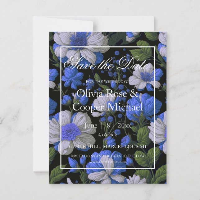 Elegant silver blue white elegant retro florals  save the date (Front)