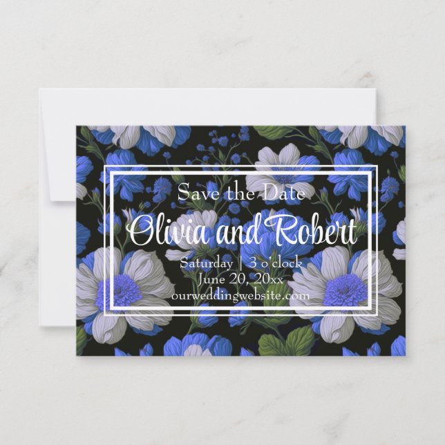 Elegant silver blue white elegant retro florals  save the date (Front)