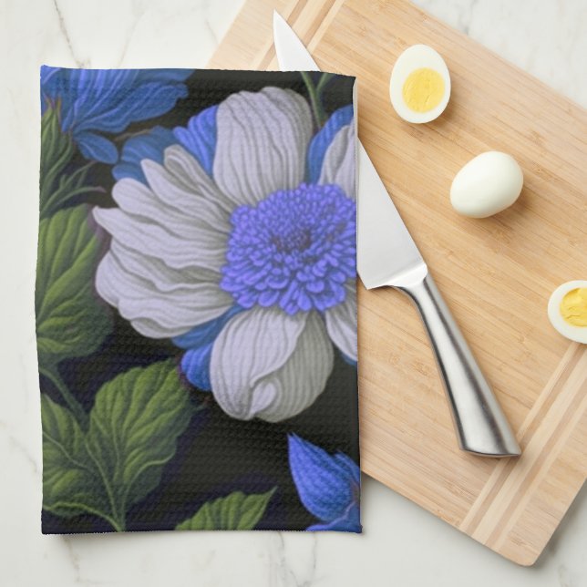 Elegant silver blue white elegant retro florals tea towel (Quarter Fold)
