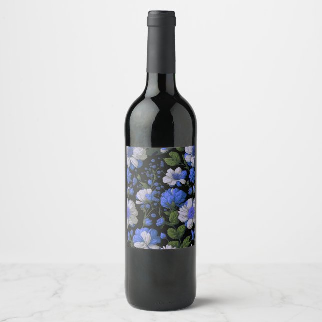 Elegant silver blue white elegant retro florals wine label (Front)