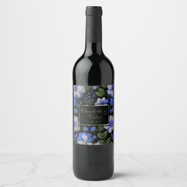 Elegant silver blue white elegant retro florals wine label (Front)