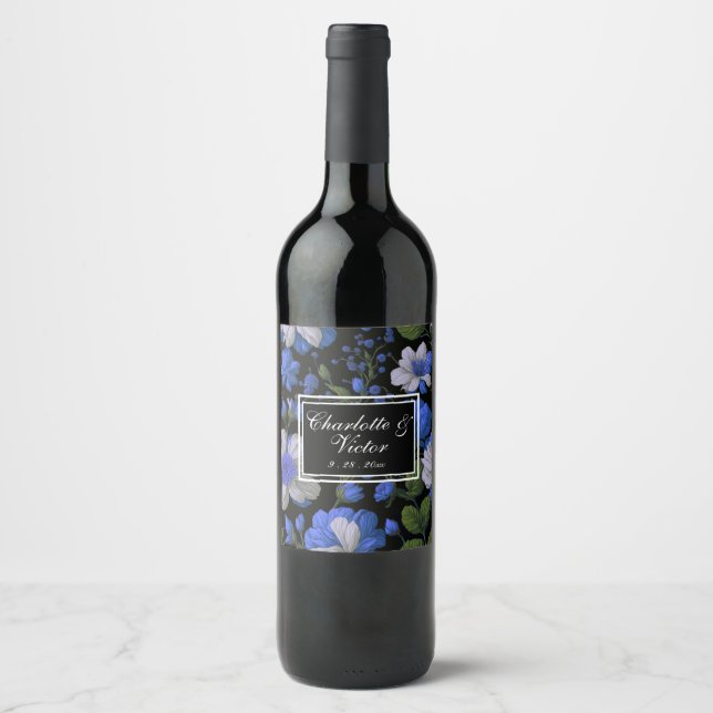 Elegant silver blue white elegant retro florals wine label (Front)