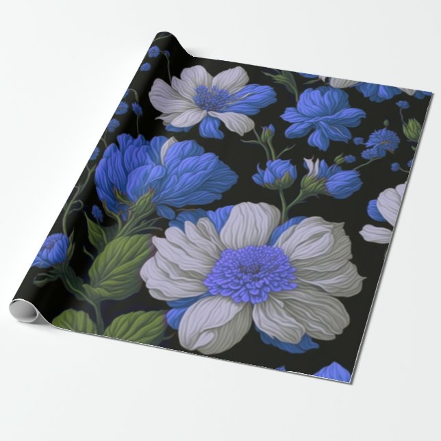 Elegant silver blue white elegant retro florals wrapping paper (Unrolled)