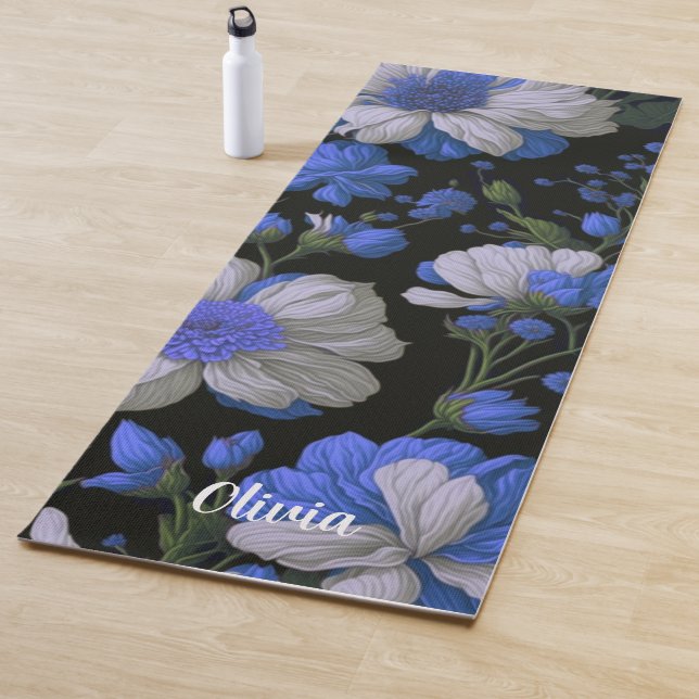 Elegant silver blue white elegant retro florals yoga mat (In Situ)