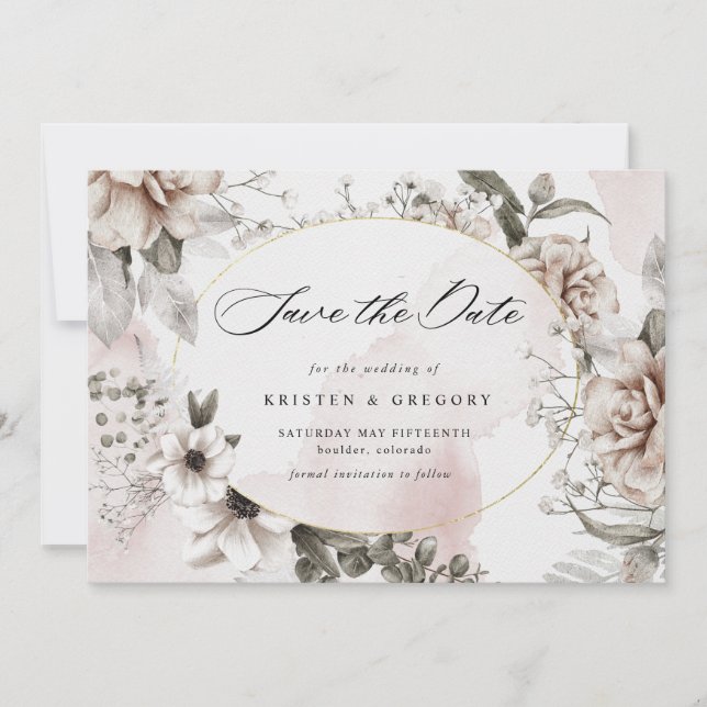 elegant silver blush floral photo save the date invitation (Front)