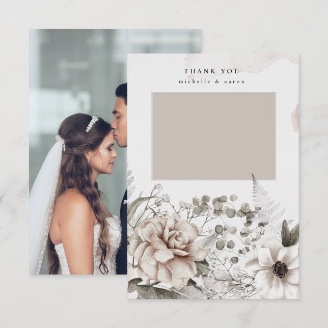 elegant silver blush floral photo thank you card (Front/Back)