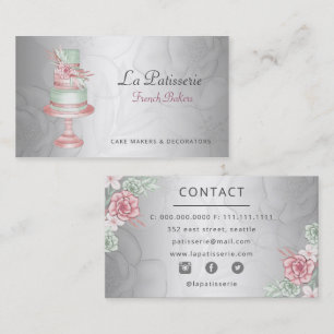 Elegant Silver Blush Floral Wedding Cake Makers Business Card