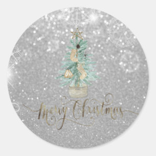 Elegant Silver Bokeh Watercolor Christmas Tree Classic Round Sticker
