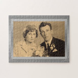Elegant silver border frame custom photo  jigsaw puzzle