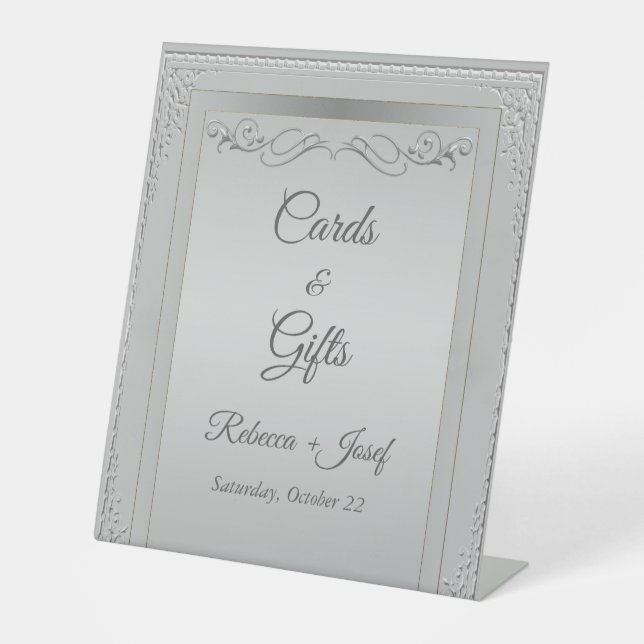 Elegant Silver Border Frame – Wedding Style Pedestal Sign (Front)