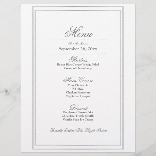 Elegant Silver Border Wedding Dinner Menu Custom Letterhead (Front)
