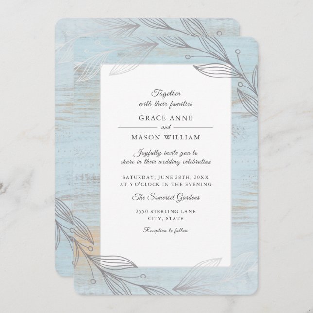 Elegant Silver Botanical Leaves Rustic Wedding Invitation (Front/Back)