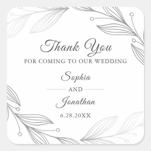 Elegant Silver Botanical Leaves Wedding Thank You Square Sticker (Front)