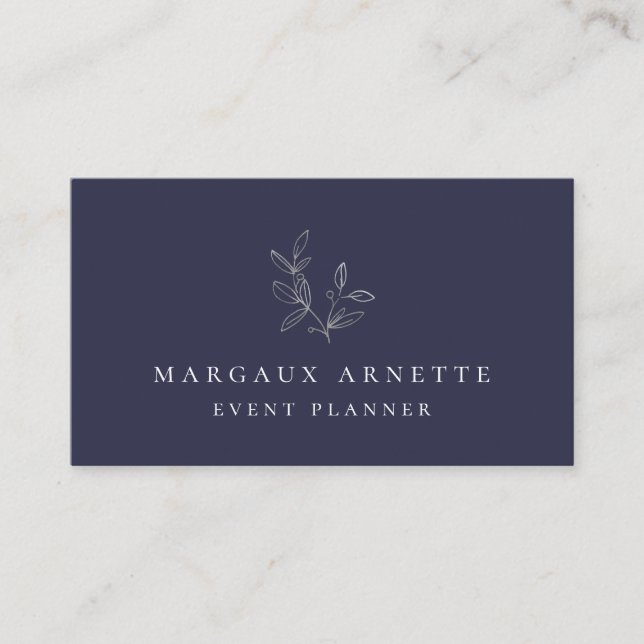 Elegant Silver Botanical Logo Blue Business Card (Front)