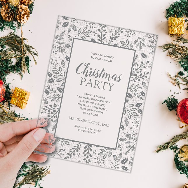 Elegant Silver Botanicals Christmas Party Acrylic Invitations (Elegant silver grey botanicals border CLEAR ACRYLIC Christmas holiday party invitations)