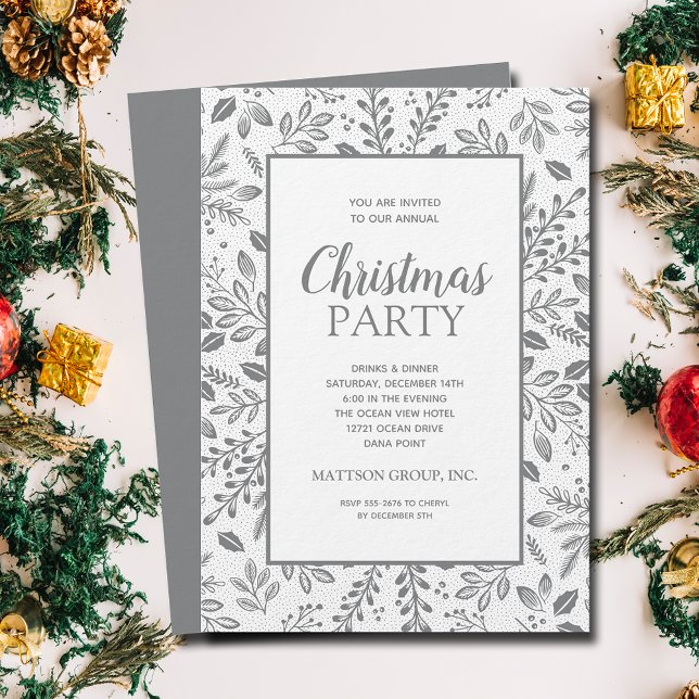 Elegant Silver Botanicals Christmas Party Invitation (Silver (non-metallic) botanicals Christmas party invitations, PRINTED and/or INSTANT DOWNLOAD)