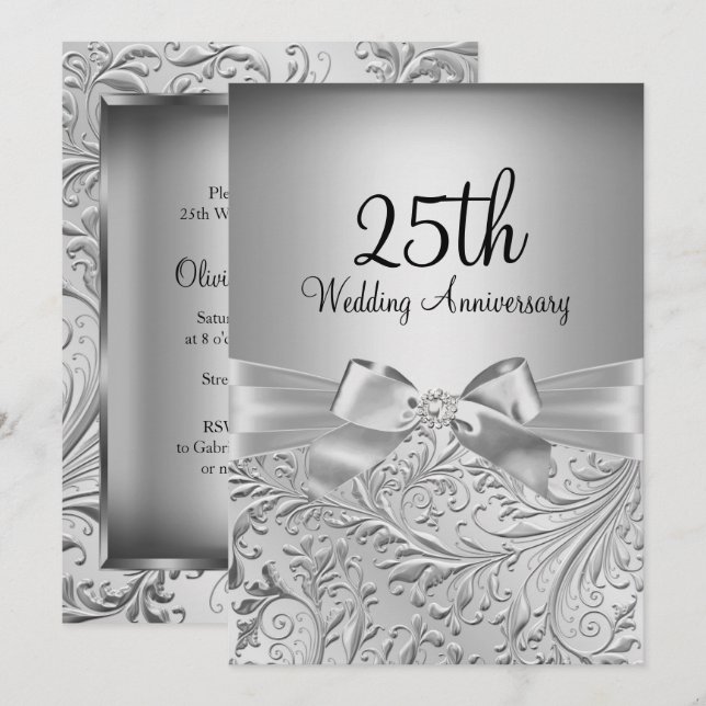 Elegant Silver Bow Floral Swirl 25th Anniversary Invitation (Front/Back)
