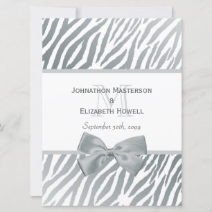 Elegant Silver Bow Zebra Print Monogram Wedding Invitation