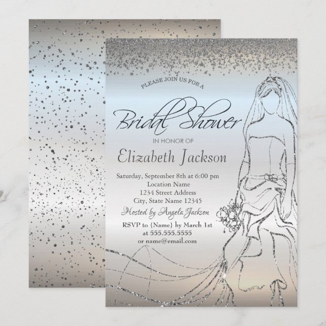 Elegant Silver Bride Dress,Diamonds Bridal Shower Invitation (Front/Back)