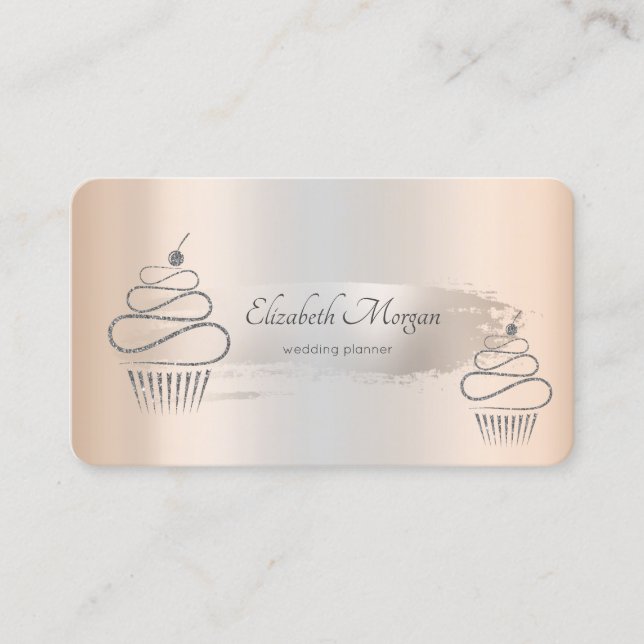 Elegant Silver Brush Stroke,Glitter Cupcakes  Business Card (Front)