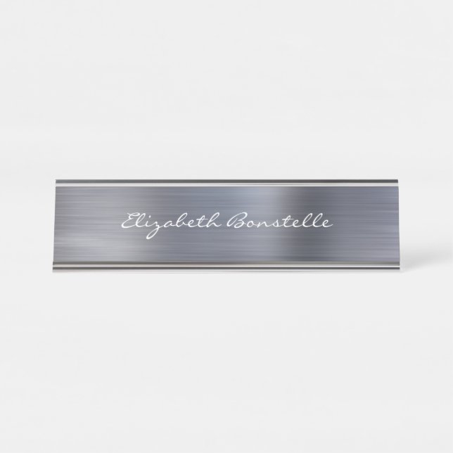 Elegant Silver Brushed Metal Handwriting Desk Name Plate (Front)