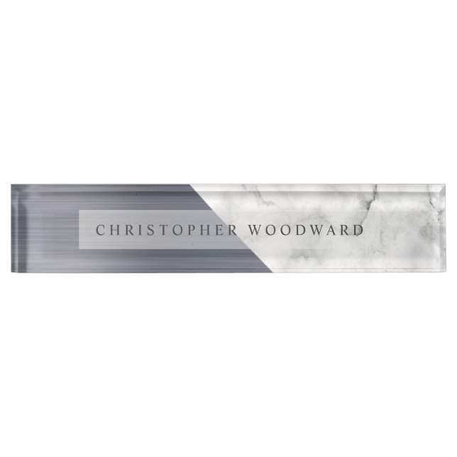 Elegant Silver Brushed Metal White Marble Nameplate (Front)