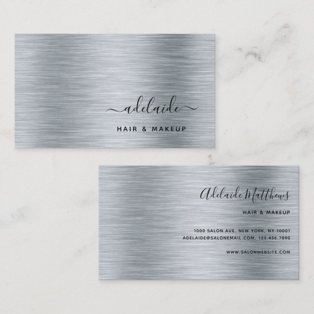 Elegant Silver Brushed Metallic Monogram Name Business Card (Front/Back)
