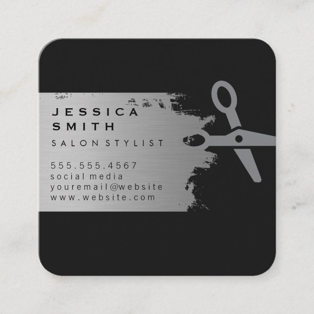 Elegant Silver Brushed Salon Cuts Square Business Card (Front)