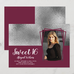 Elegant silver & burgundy sweet sixteen birthday invitation
