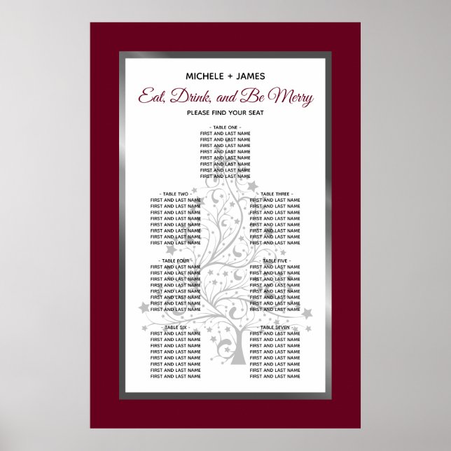 Elegant Silver Burgundy Wedding Seating Chart (Front)