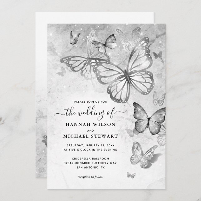 Elegant Silver Butterfly Wedding Invitation (Front/Back)