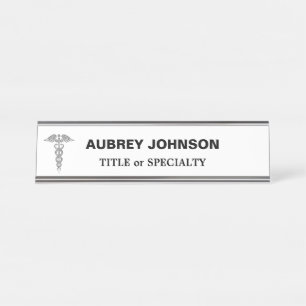 Elegant Silver Caduceus on White Desk Name Plate