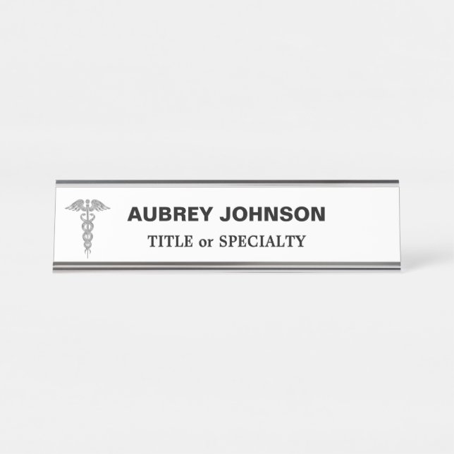 Elegant Silver Caduceus on White Desk Name Plate (Front)