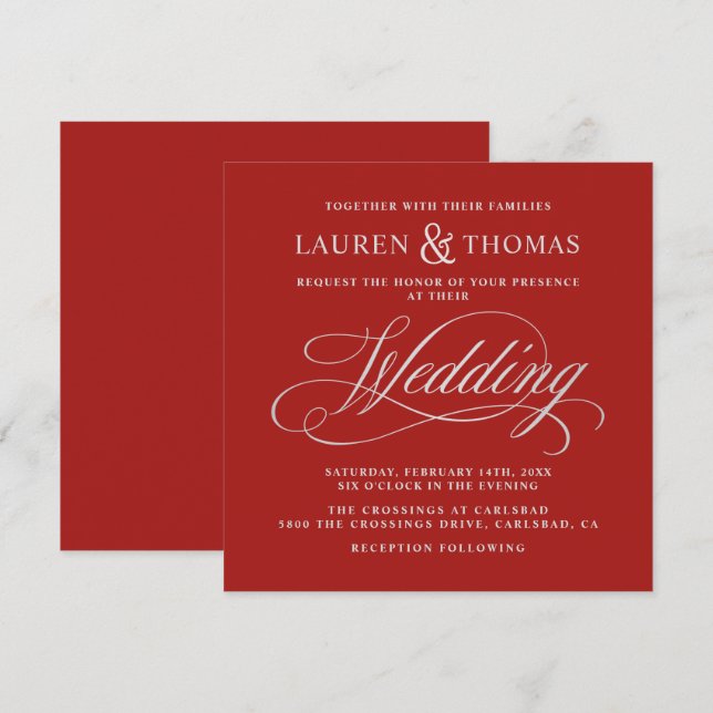 Elegant Silver Calligraphy on Rich Red Wedding Invitation (Front/Back)